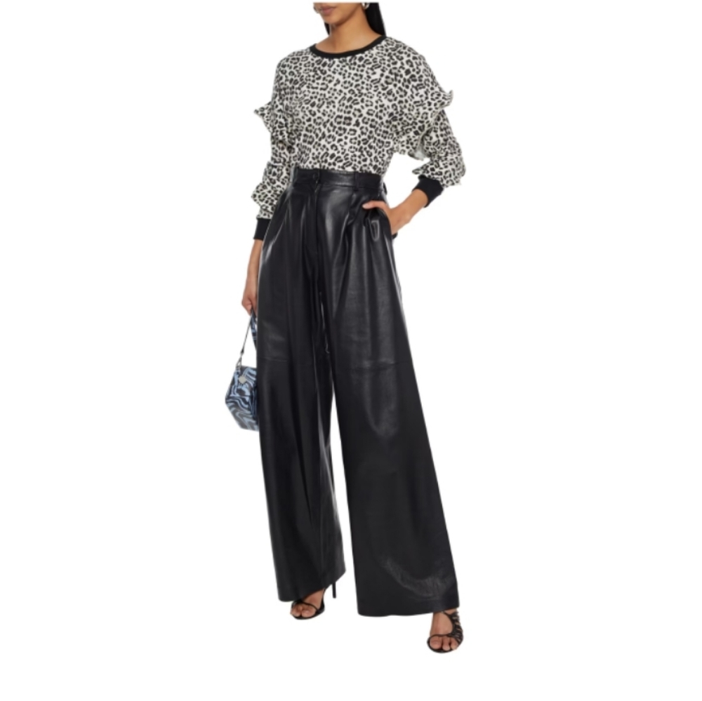 Alice + Olivia Black and White Leopard Print Ruffle Sweater Top